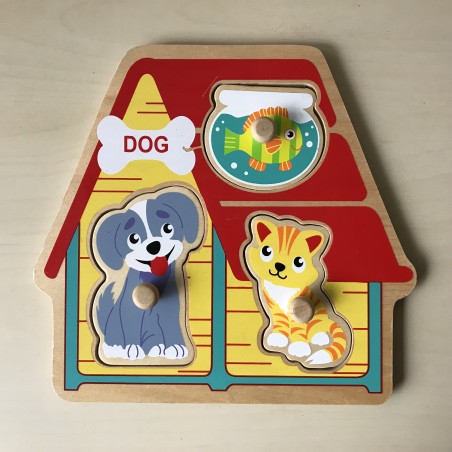 Puzzelplankje Knopjespuzzel : Huisdieren. 3 stukjes