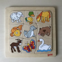 Goki : houten puzzel van 9 stukjes met dieren.