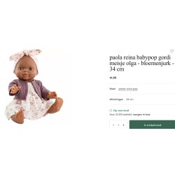 Paola Reina. Popje, donker meisje : 35 cm. hoog