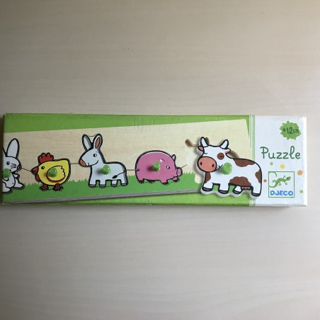 Djeco : Puzzelplankje Knopjespuzzel boerderijdieren. 5 stukjes.