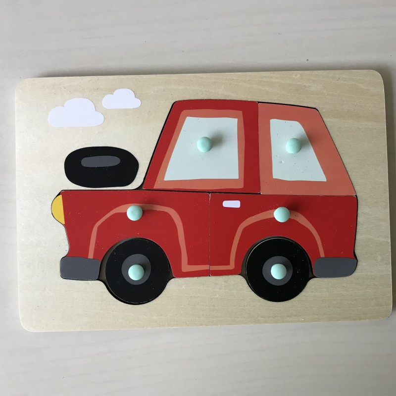 Puzzelplankje Knopjespuzzel auto. 4 stukjes.