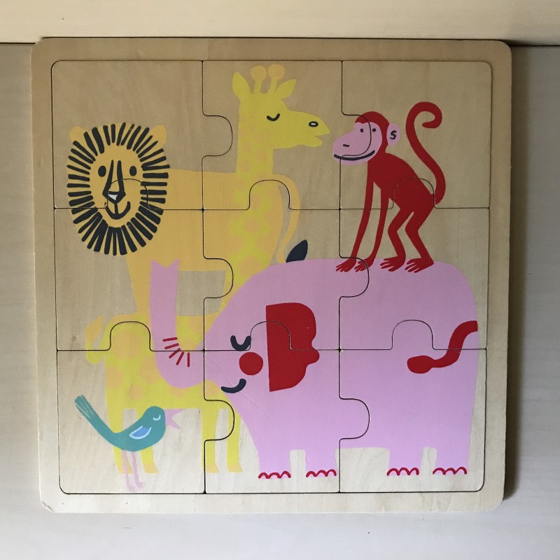Puzzelplankje Knopjespuzzel : Wilde dieren. 9 stukjes.