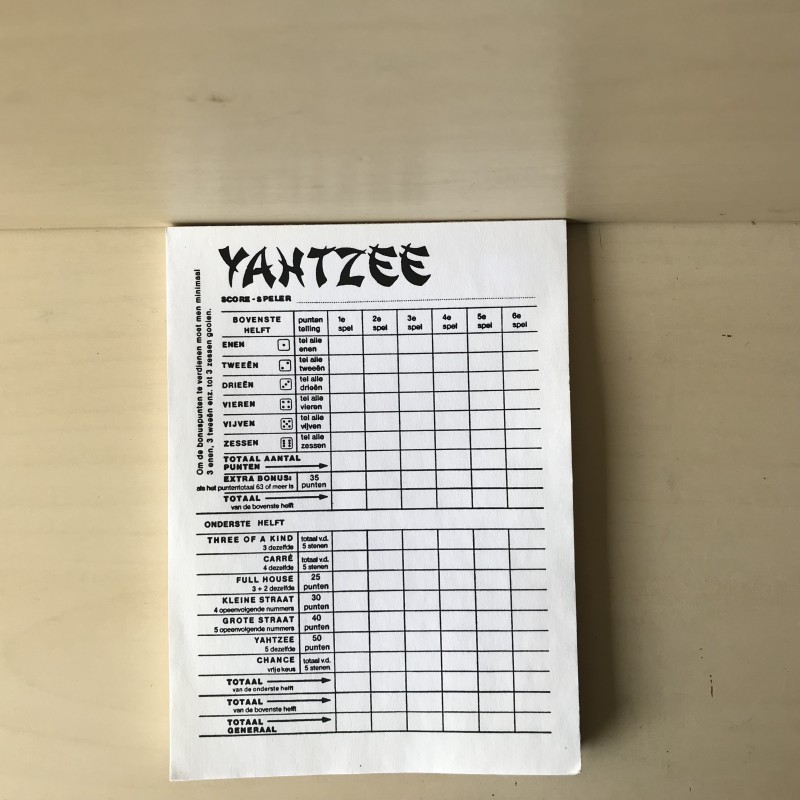 Yahtzee scoreblok.