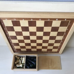 Schaakbord, dambord, met damstenen en schaakstukken.