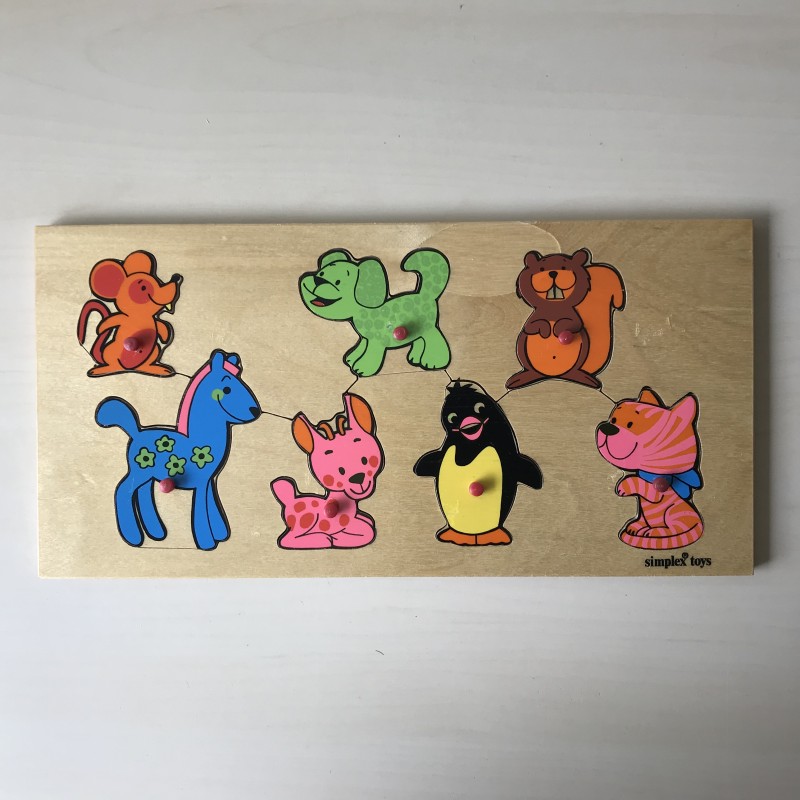 houten puzzelplankje, knopjespuzzel, dieren, 7 stukjes