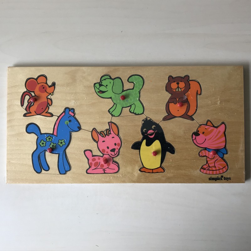 houten puzzelplankje, knopjespuzzel, dieren, 7 stukjes