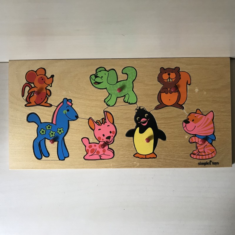 houten puzzelplankje, knopjespuzzel : Dieren, 7 stukjes
