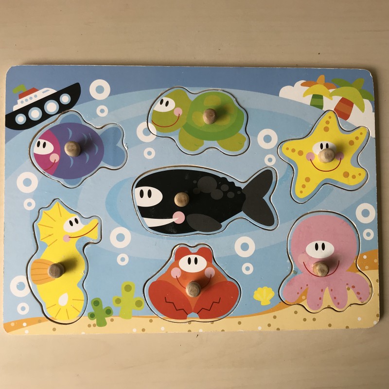 Puzzelplankje Knopjespuzzel. Zeedieren 7 stukjes.
