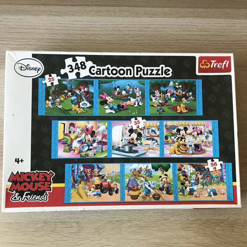 Mickey Mouse cartoon puzzel 3 x 25  3 x 35 en 3 x 56 stukjes totaal 348 stukjes