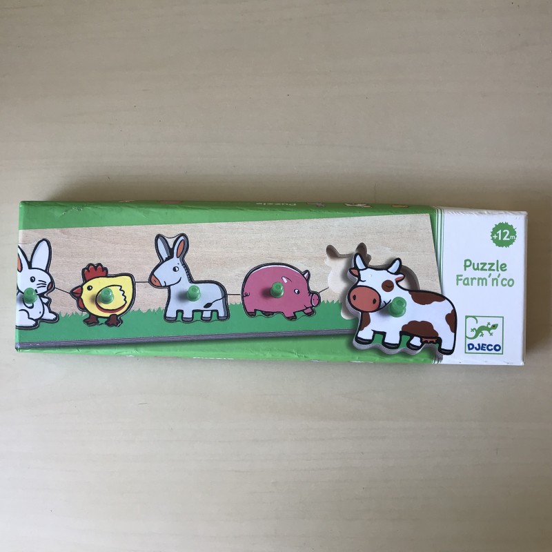 Djeco : Puzzelplankje Knopjespuzzel boerderijdieren. 5 stukjes.