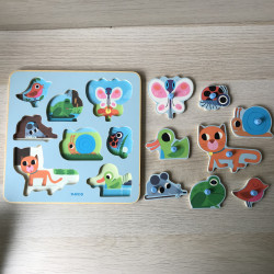 Djeco houten puzzel, knopjespuzzel.  Garden surprise. 8 stukjes
