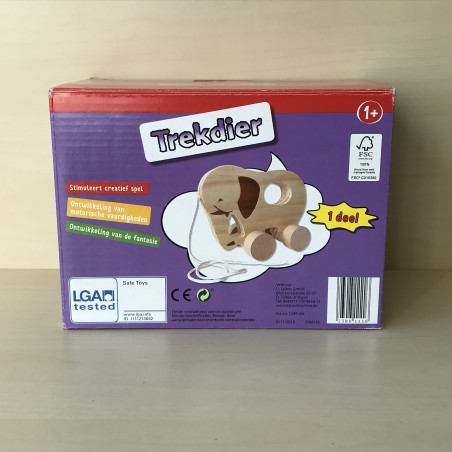 Houten olifant : Schuif- en trekspeelgoed. Ongebruikt.