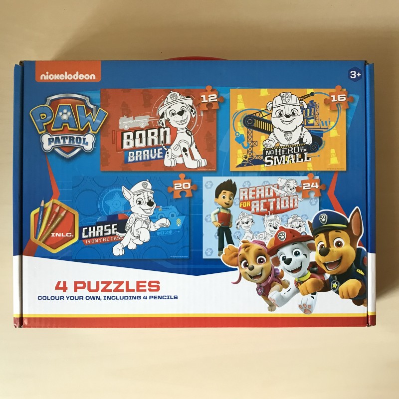 Paw Patrol : 12, 16, 20 en 24 stukjes. Zelf inkleuren.