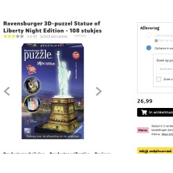 3D puzzel Vrijheidsbeeld met verlichting. 216 stukjes