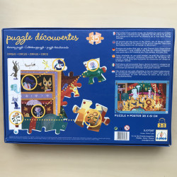 Djeco : Zoek puzzel circus 35 stukjes. Deksel heeft een plakbandje.