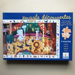 Djeco : Zoek puzzel circus 35 stukjes. Deksel heeft een plakbandje.