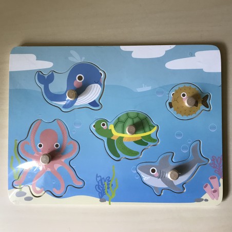 Puzzelplankje Knopjespuzzel : Nieuw.  Zeedieren. 5 stukjes.