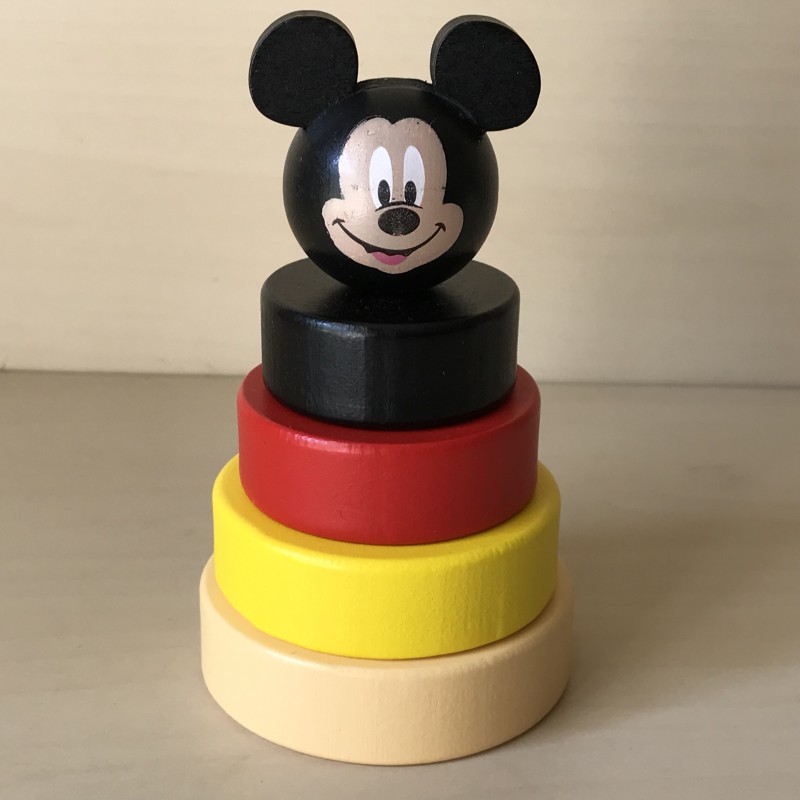 Houten stapeltoren : Mickey Mouse. 12 cm. hoog.